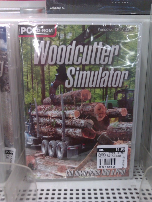 Una foto della scatola di Woodcutter Simulator: “Cut down trees like a pro!”